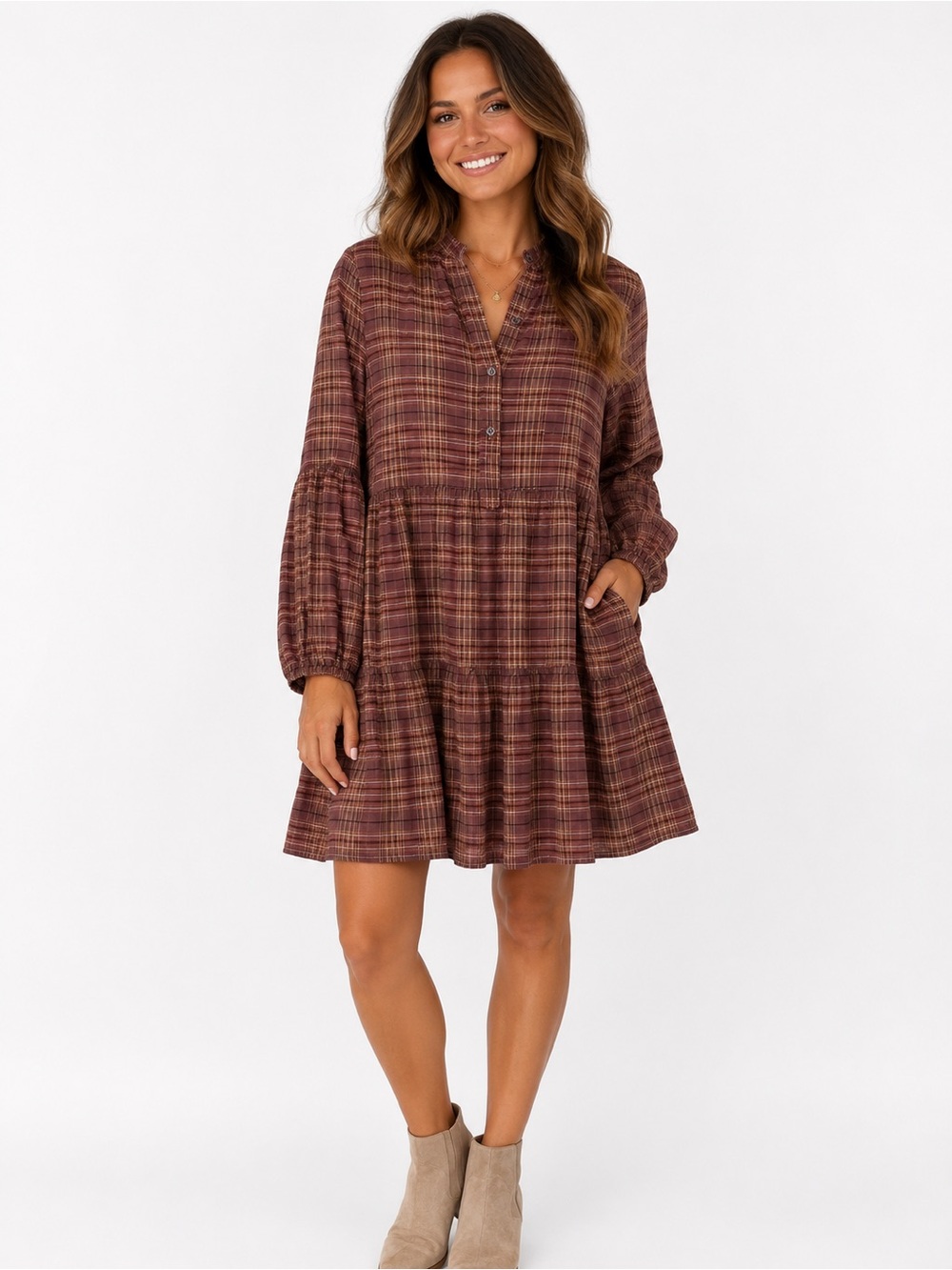 Max Studio Plaid Tiered Dress Women's XS Brown Long Sleeve Boho Mini
